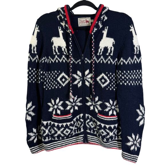 THE ALPACA CONNECTION Sweater Large Hoodie Cardigan Fair Isle Full Zip Llama - Picture 1 of 15